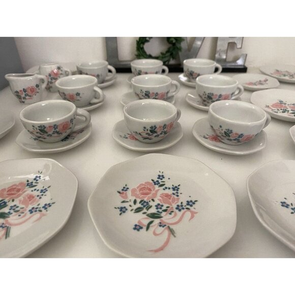 Vintage 31 Pieces Children’s Porcelain Miniature‎ Tea Set Floral White Pink EUC - Picture 1 of 16